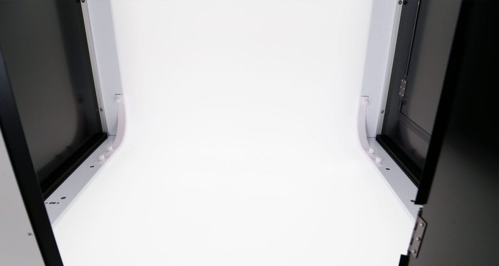 The inside of an 3044noc still product photography Lightbox for creating online product photos on a pure white background